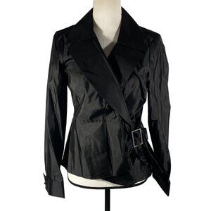 Talbots Black Silk Wrap tuxedo style blouse top W/ Rhinestone Buckle Size 10
